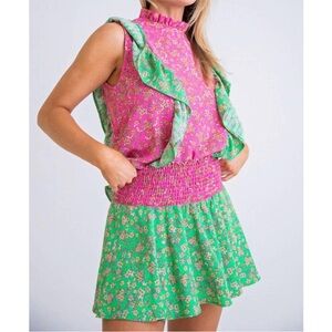 KARLIE floral vintage ditzy ruffle top in pink/green